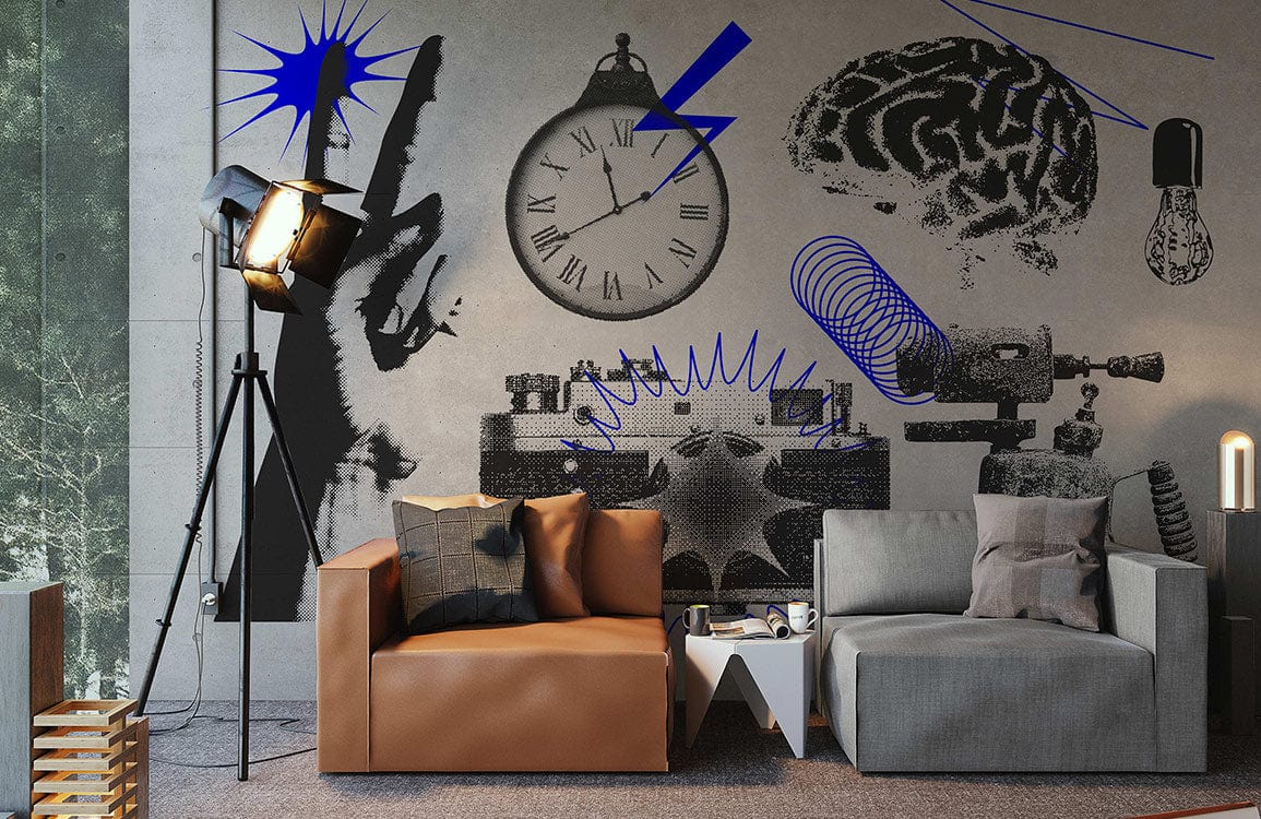 Sofa modulaire en cuir marron et tissu gris avec papier peint mural Séance de Brainstorming