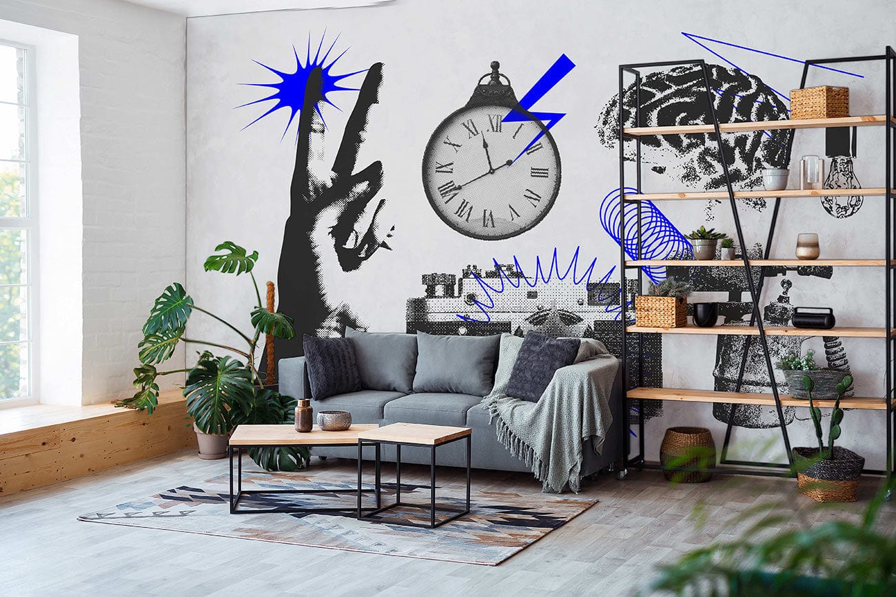 Papier peint mural Séance de Brainstorming dans un salon moderne avec canapé gris et étagère