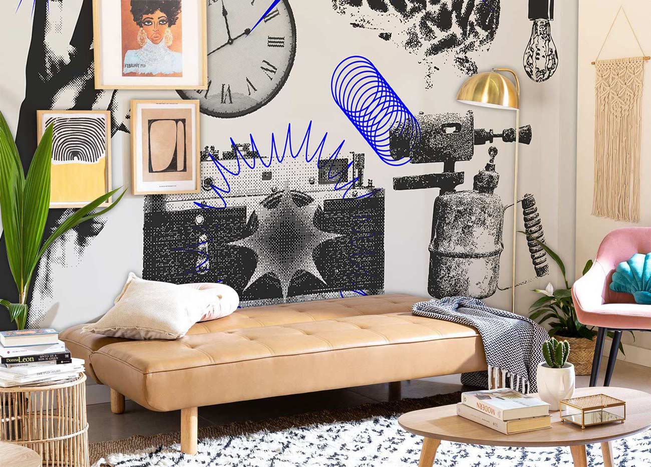 Futon en faux cuir tufté avec papier peint mural Séance de Brainstorming