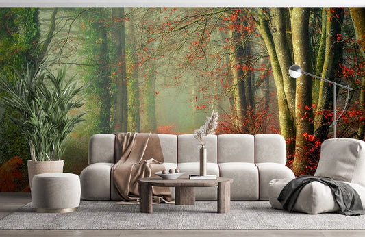 Peint mural secret de la Forêt dans un salon moderne avec grand mural forêt