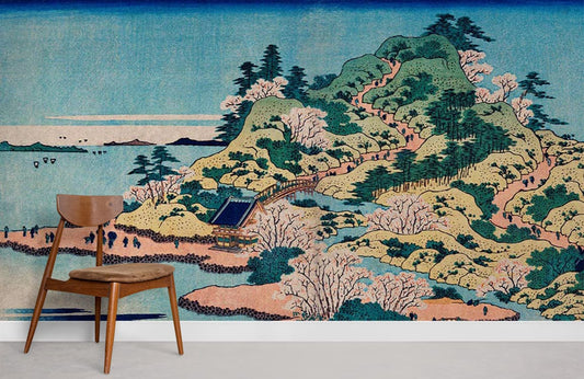 Papier peint mural Sesshu Ajigawaguchi avec paysage montagne, cerisiers en fleurs et côte