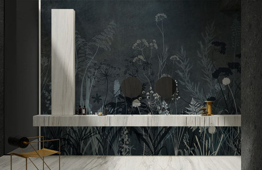 Papier peint mural buissons sombres dans une salle de bain contemporaine