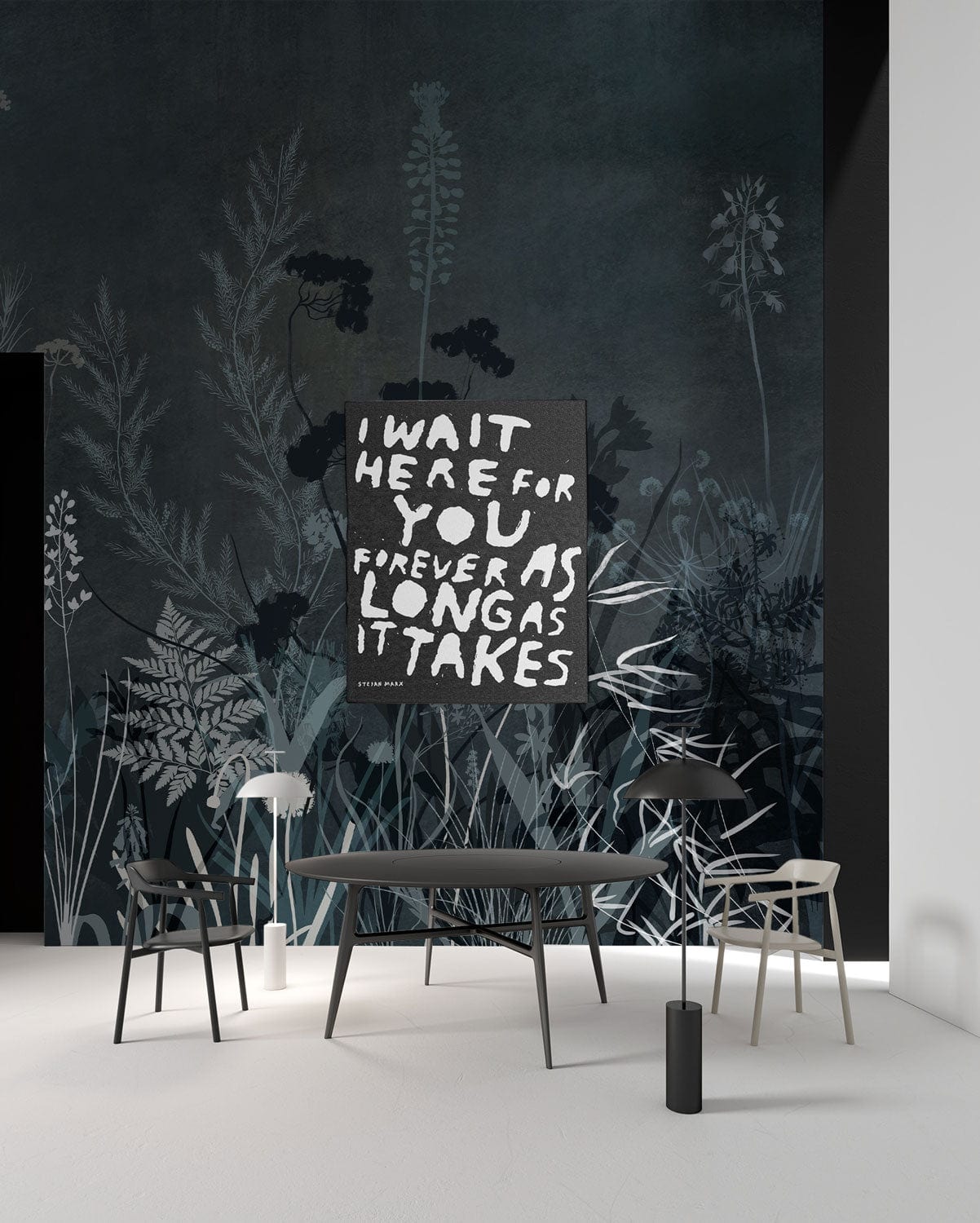 Papier peint mural avec buissons sombres et texte blanc, décoration murale élégante
