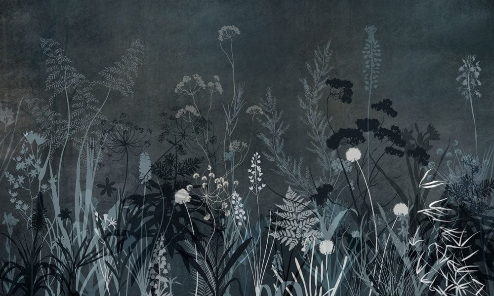 Papier peint mural avec buissons sombres et motif de plantes blanches et grises