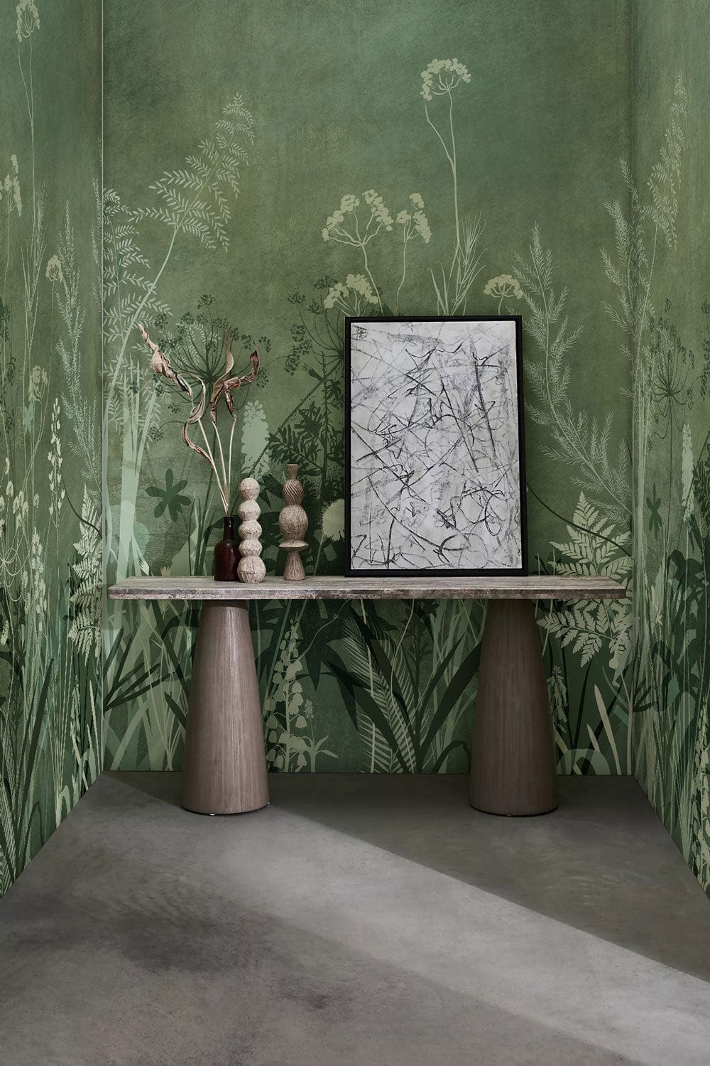 Console rectangulaire avec deux bases coniques, idéal pour papier peint mural silhouette de buissons verts