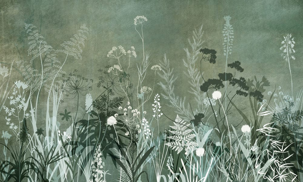Papier peint mural silhouette de buissons verts avec plantes sauvages en blanc et vert