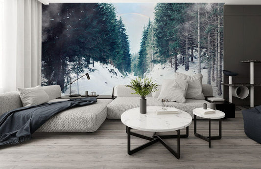 Sectional sofa avec tissu gris texturé et couverture bleue foncée, dans papier peint mural Snow Lane