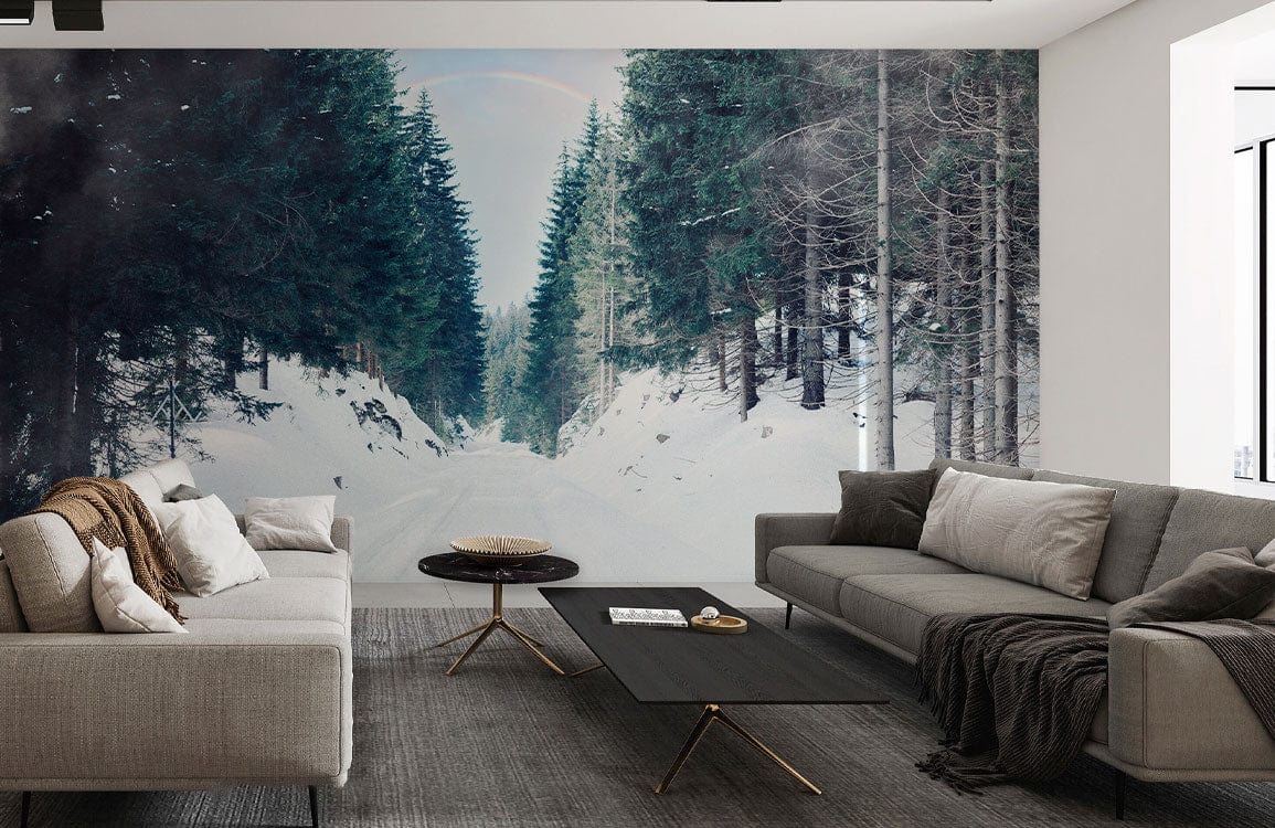 Papier peint mural Snow Lane avec forêt d’hiver, salon moderne et deux canapés