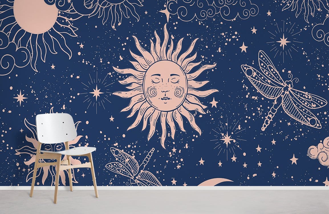 Papier peint mural solaire et lunaire avec motifs célestes et nature en bleu foncé