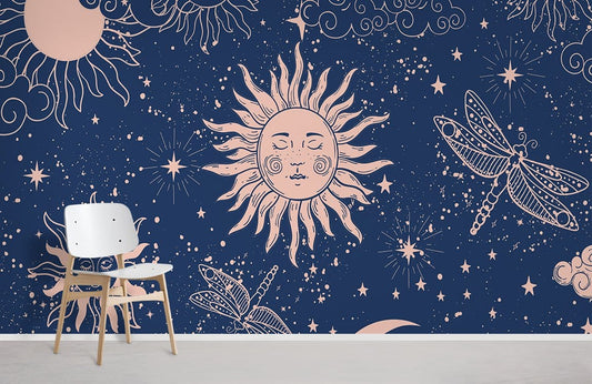 Papier peint mural solaire et lunaire avec motifs célestes et nature en bleu foncé