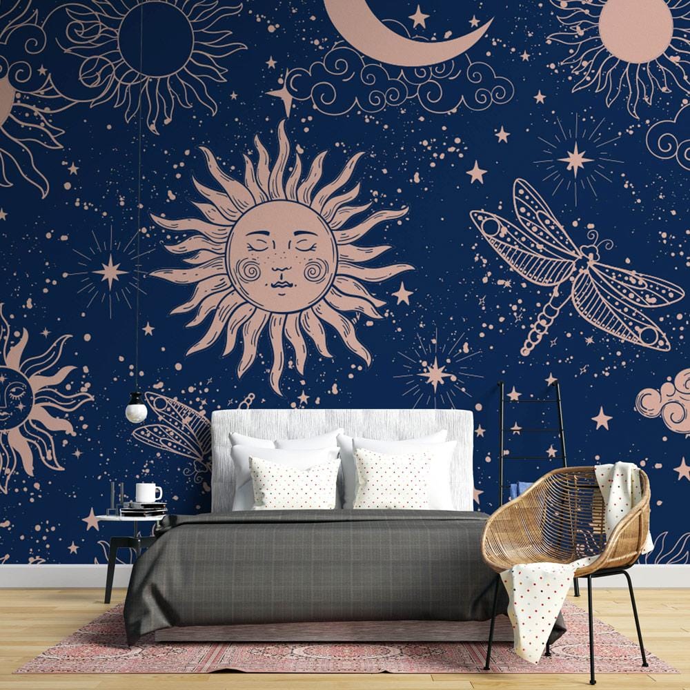 Papier peint mural solaire et lunaire avec soleils, lunes, étoiles et libellules