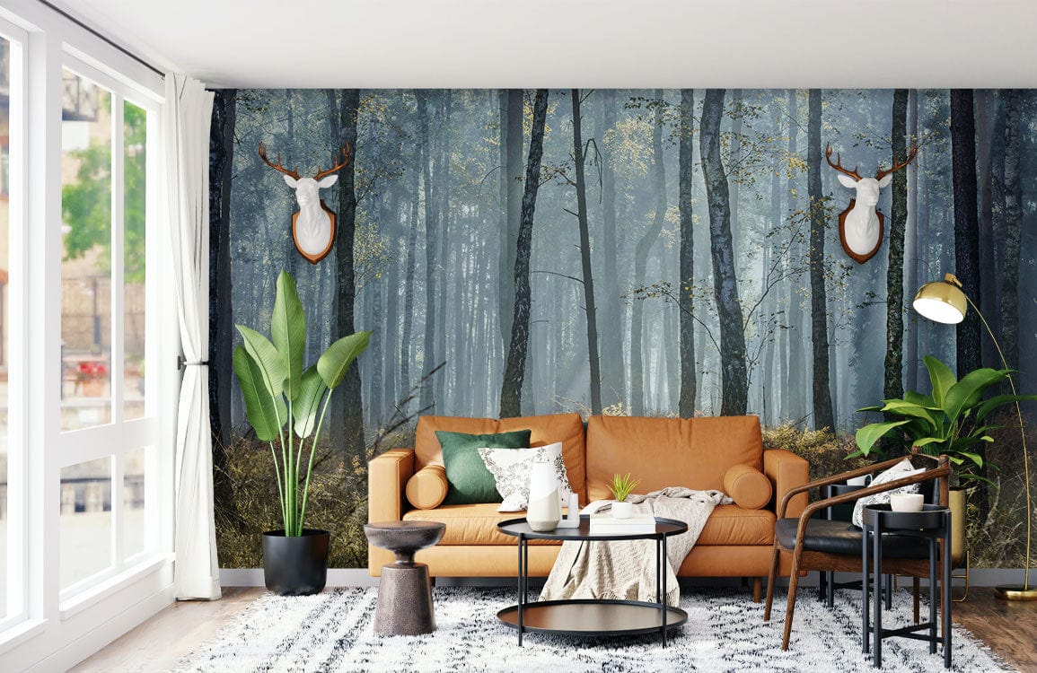 Photo d’un salon cozy avec un mur accent forêt et papier peint mural soleil