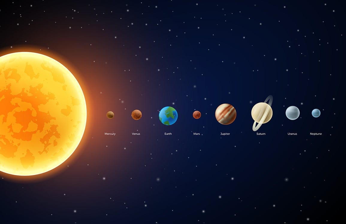 Illustration colorée du système solaire avec le soleil et huit planètes, idéal pour un peint mural soleil