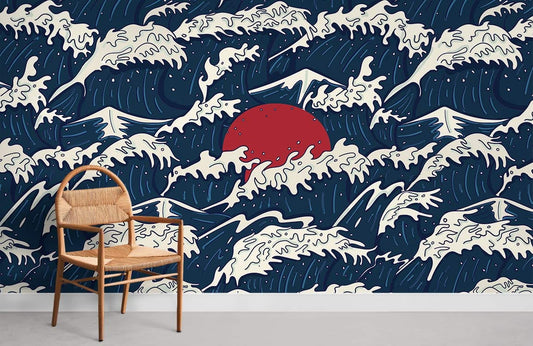 Peint mural soleil avec vagues blanches et soleil rouge sur papier peint mural