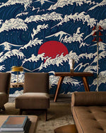 Peint Mural Soleil sur les Vagues Bleu Nuit et Éclat Rouge - Vignette | Mr Papier Peint
