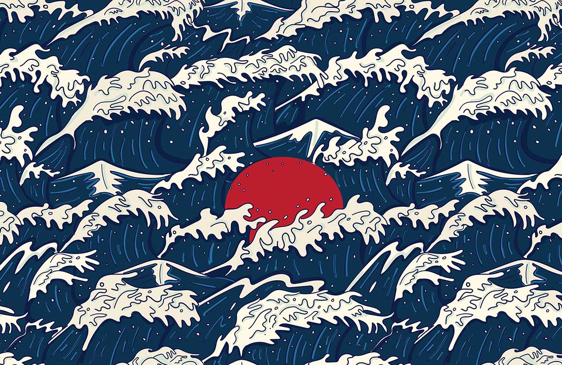 Peinture murale soleil sur les vagues, papier peint mural, design océan rouge soleil