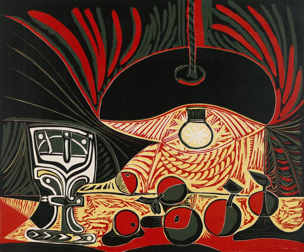 Papier peint mural avec une nature morte de gobelet, fruits et lampe en peinture