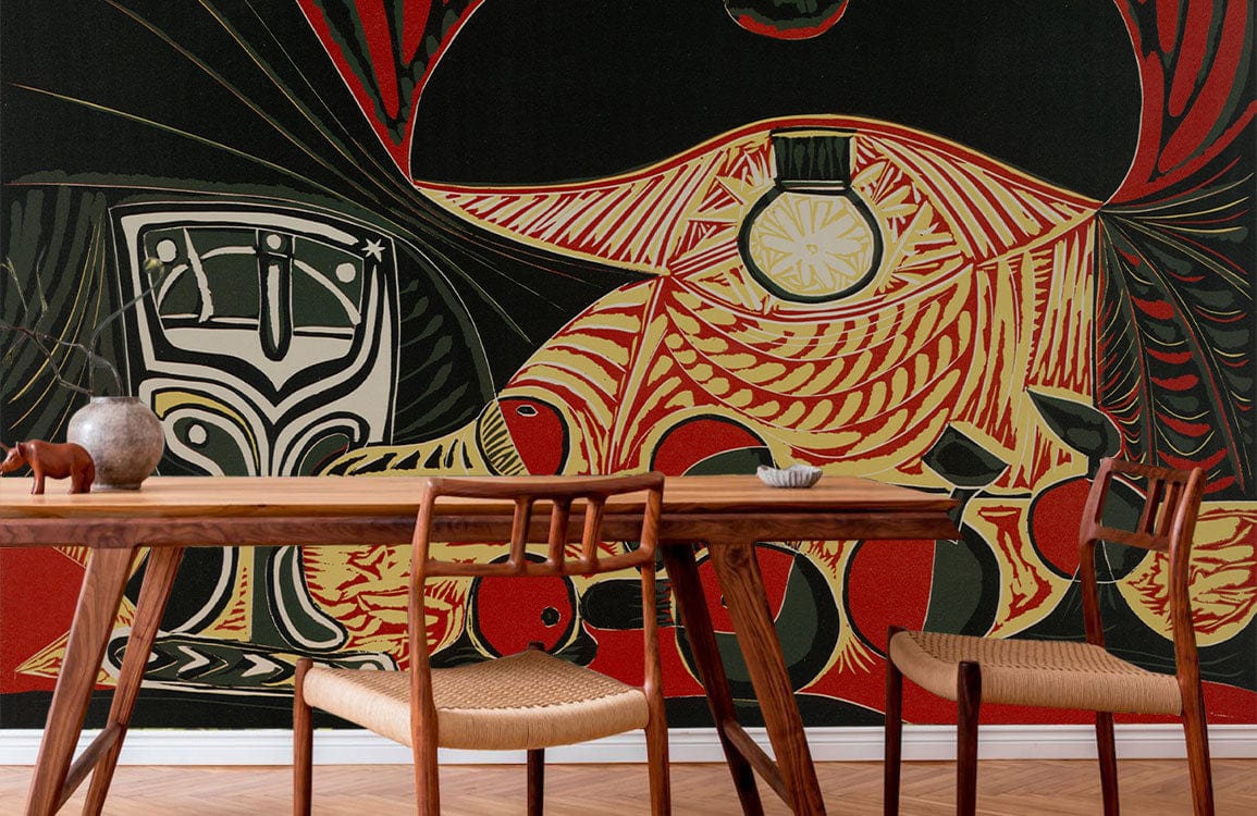 Image d’un mobilier en bois avec chaises tissées pour le papier peint mural Sous la Lampe