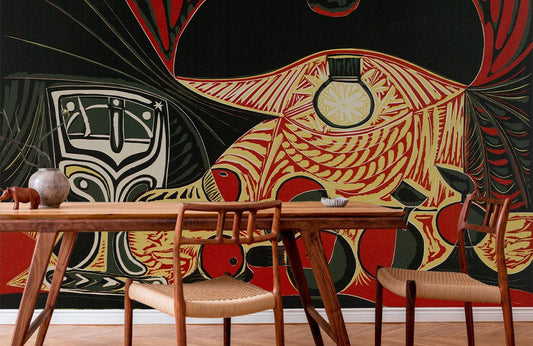 Image d’un mobilier en bois avec chaises tissées pour le papier peint mural Sous la Lampe