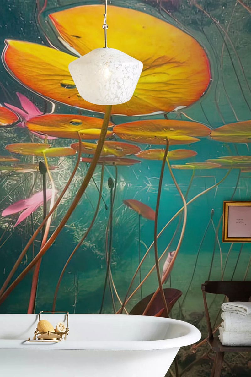 Papier peint mural panoramique sous les étangs avec baignoire à pattes blanches et caddy