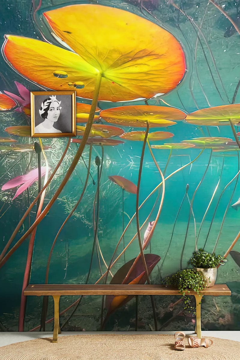 Papier peint mural sous les étangs avec lily pads flottants et stems submergés, décoration personnalisée