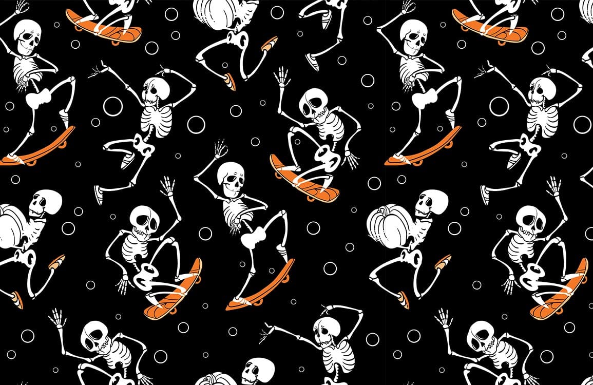 Papier peint mural squelette dansant avec skeletons skateboard sur fond noir et cercles blancs