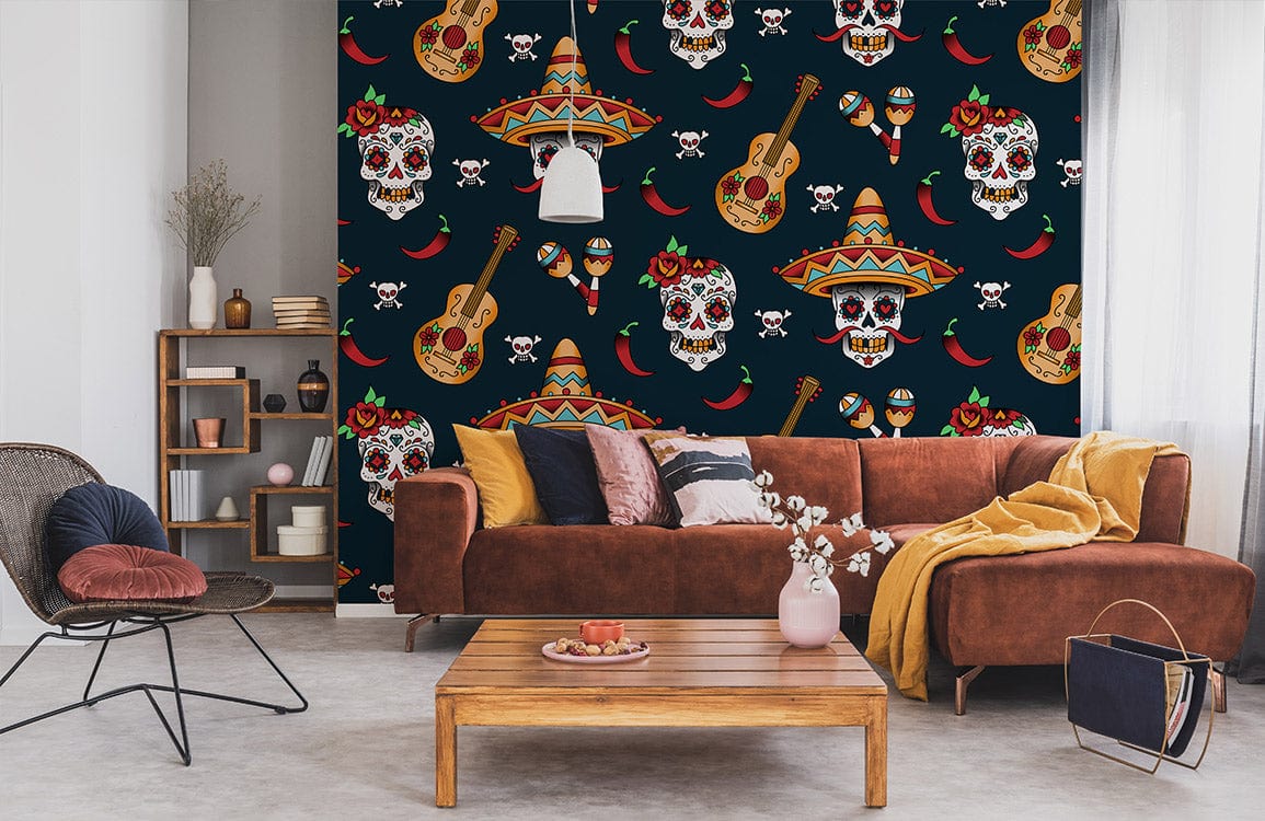 Peinture murale squelette festive avec guitare, chili et maracas sur papier peint mural