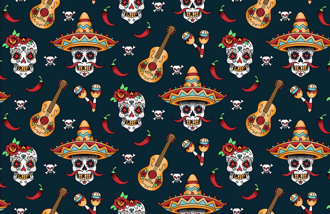 Peinture murale squelette avec guitare, papier peint mural festif mexicain