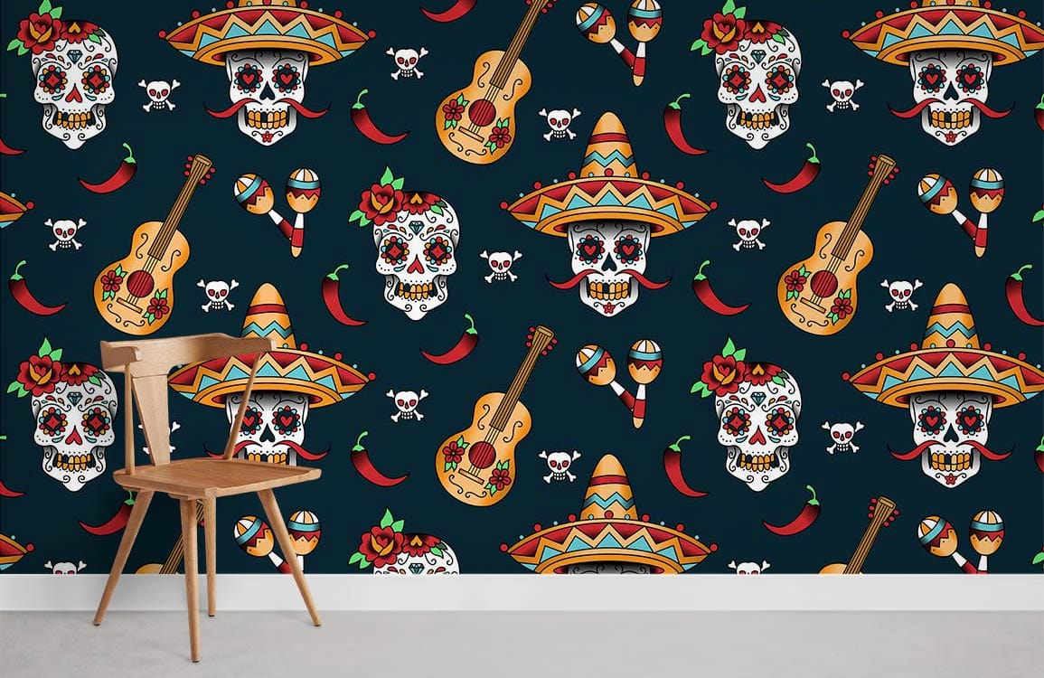 Image d une chaise en bois avec dossier à lattes, dans le papier peint mural Squelette et Guitare