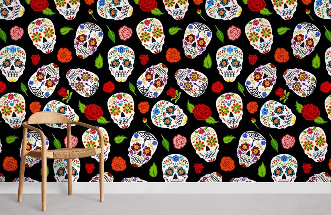 Papier peint mural squelette avec roses et sucre colorés sur fond noir pour décoration intérieure