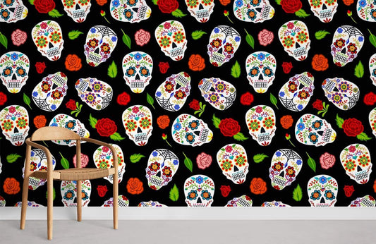 Papier peint mural squelette avec roses et sucre colorés sur fond noir pour décoration intérieure
