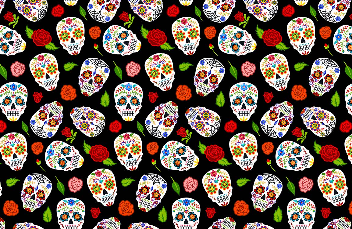 Peinture murale squelette avec motifs floraux colorés sur fond noir pour décoration