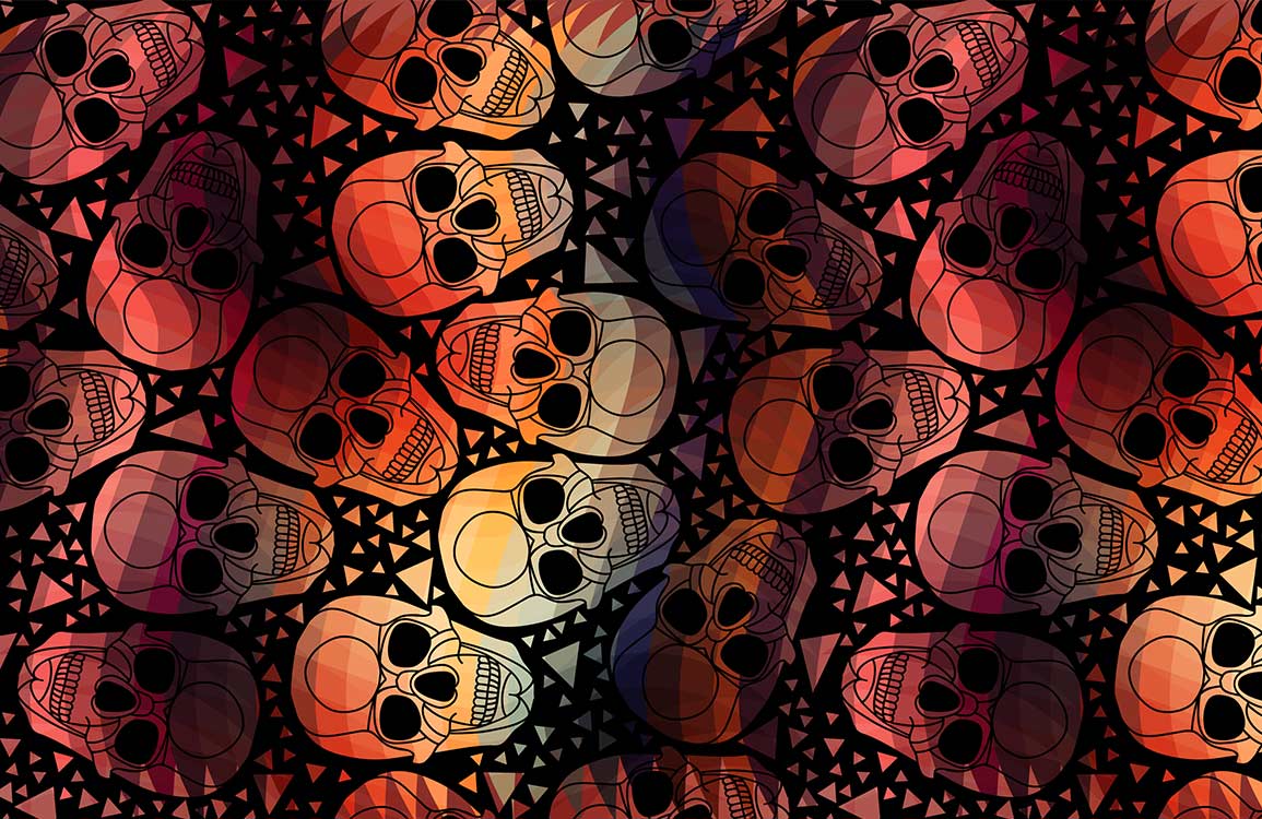 Peint mural squelette avec motif répétitif de crânes stylisés en facets géométriques, squelette rouge foncé