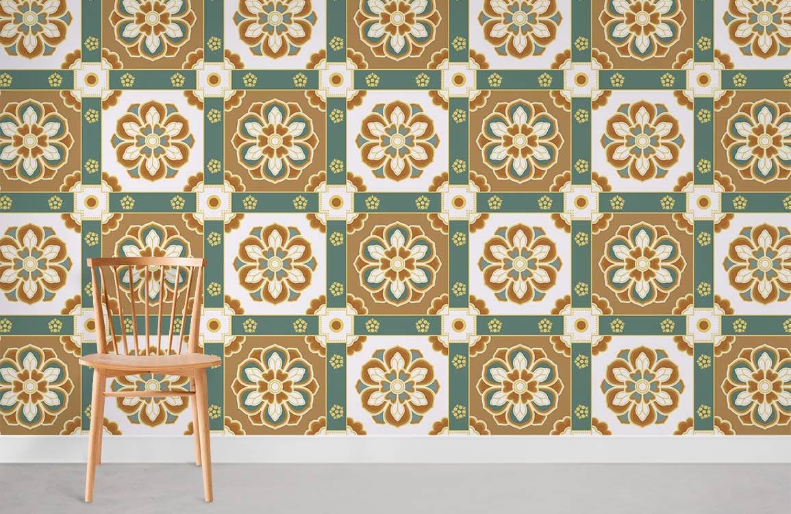 Papier peint mural style palais avec motif floral complexe en vert, marron et blanc