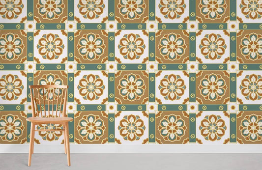 Papier peint mural style palais avec motif floral complexe en vert, marron et blanc