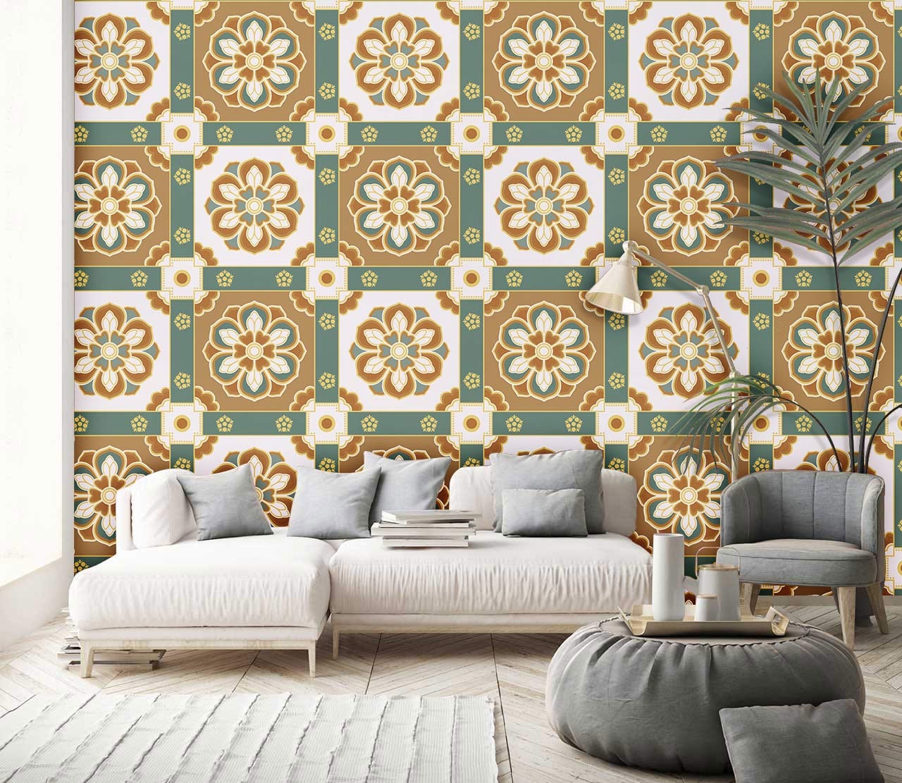 Papier peint mural style palais dans un salon avec canapé blanc et fauteuil gris