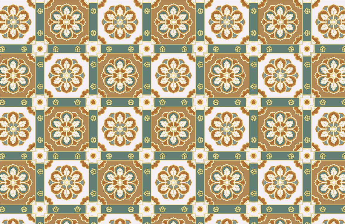 Motif répétitif de carreaux floraux ornementaux en tons terre pour papier peint mural style Palais