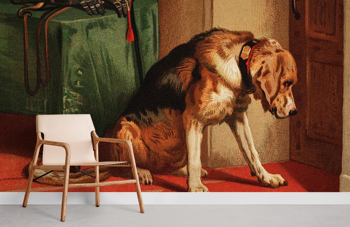 Chaise en bois marron clair avec tissu clair, idéal pour le papier peint mural Suspense