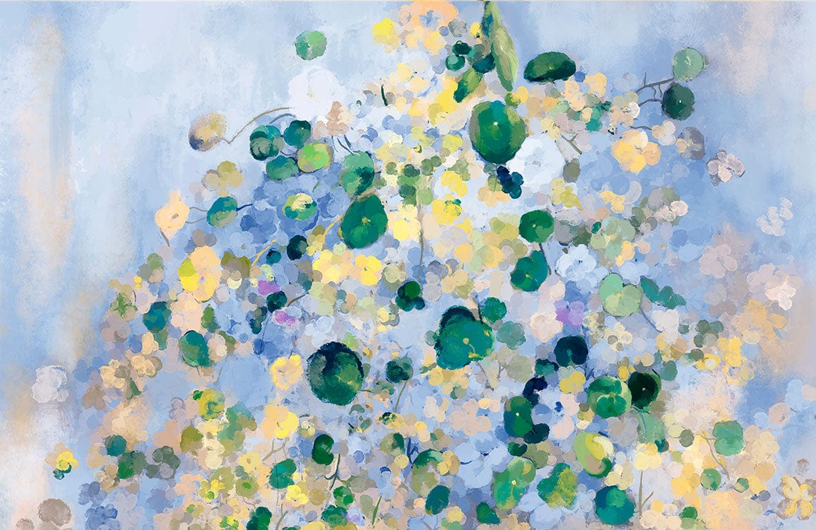 Peinture abstraite de flore verte et jaune sur fond bleu pour papier peint mural Tache Bleue