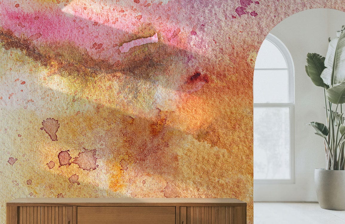 Papier peint mural tache d’encre aquarelle avec art abstrait en rose, orange et marron