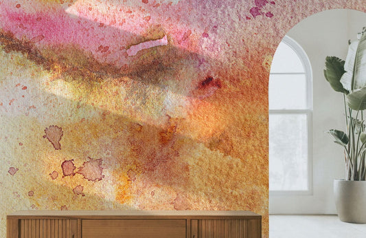 Papier peint mural tache d’encre aquarelle avec art abstrait en rose, orange et marron