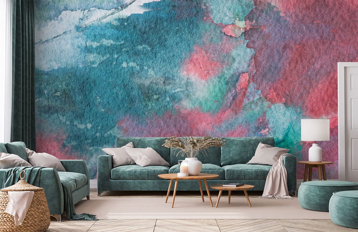 Peinture murale abstraite tacheté d’aquarelle en mural d’art unique dans un salon élégant