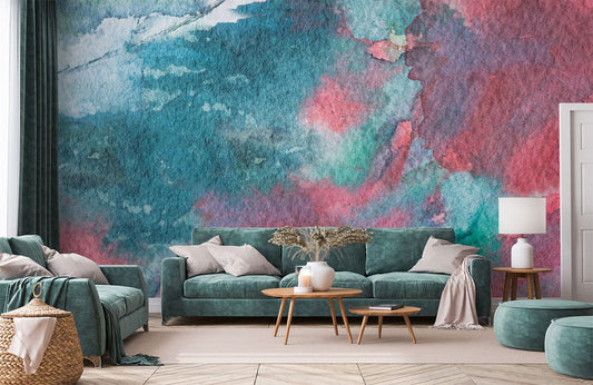 Peinture murale abstraite tacheté d’aquarelle en mural d’art unique dans un salon élégant