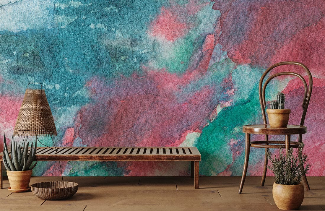 Peinture murale abstraite en aquarelle rose et teal, œuvre d’art unique mural tacheté d’aquarelle