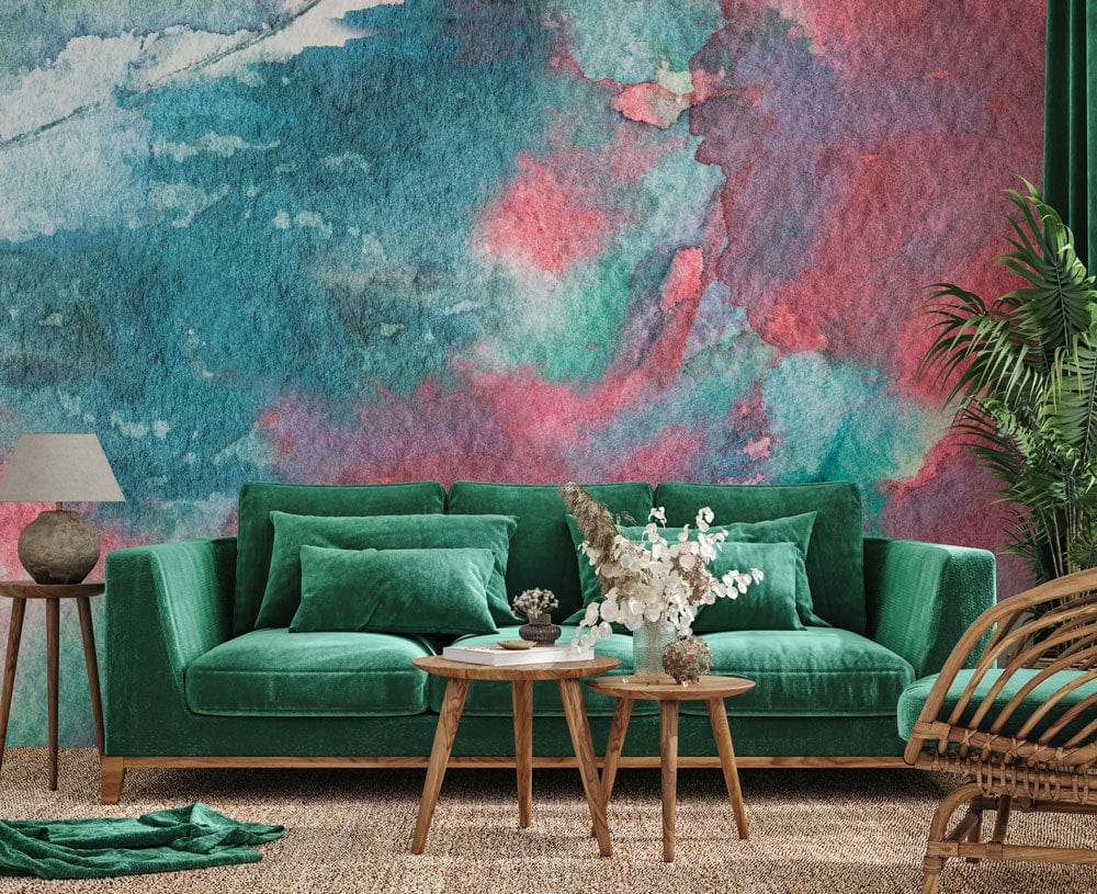 Papier peint mural tacheté d’aquarelle en teal et fuchsia, œuvre d’art unique peinture murale