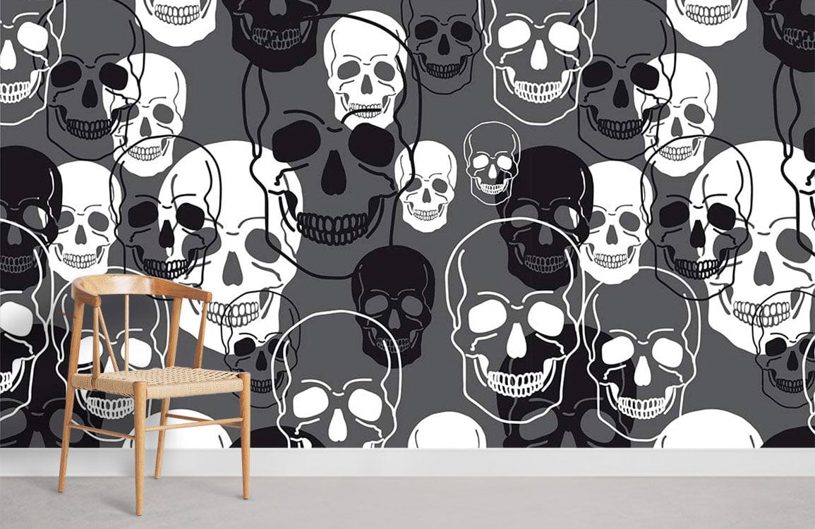 Chaise en bois avec siège tissé, idéal pour le papier peint mural tête de squelette II