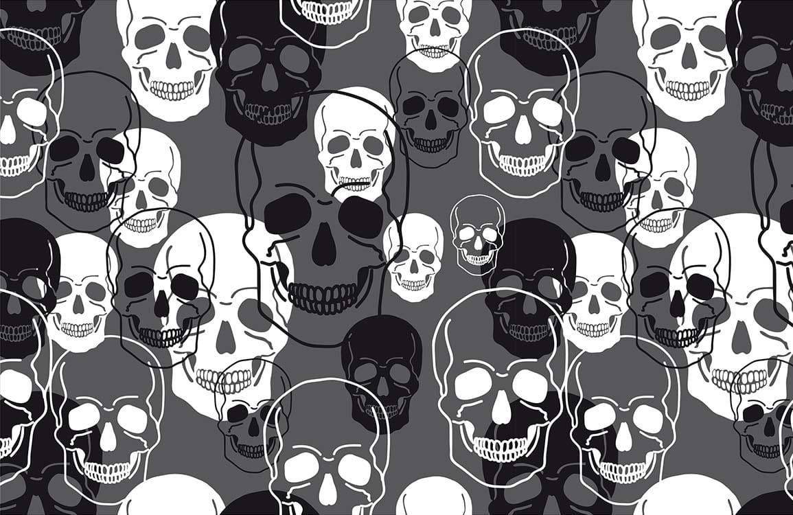 Papier peint mural tête de squelette avec motifs skulls noirs blancs sur fond gris