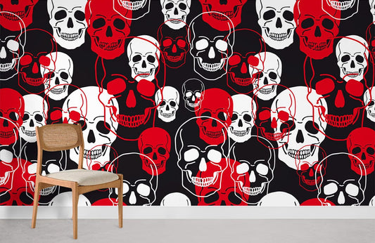 Chaise en bois avec dossier en cannage pour papier peint mural Tête de Squelette III