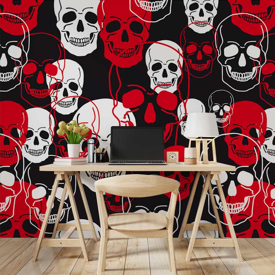 Photo d’un bureau avec un ordinateur portable noir, une lampe blanche et une plante, dans un décor de Papier Peint Mural Tête de Squelette III