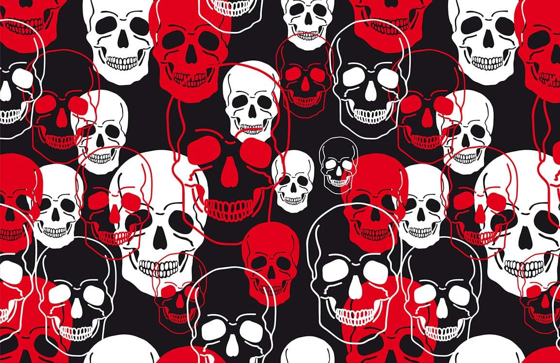 Papier peint mural squelette III avec motif de têtes de squelette rouges, noirs et blancs
